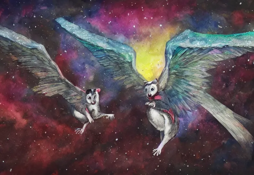 Image similar to legendary colorful winged possum flying over a medieval castle under a dark starred sky, dark fantasy, watercolor, dreaming illusion, highly detailed, 4k, trending on Artstation, award-winning