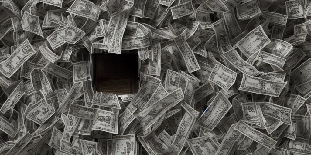 Prompt: a film still of cash money piling up in a vault, shallow depth of field, cinematic, award winning cgi, vfx, film still cfg _ scale : 2 1. 0