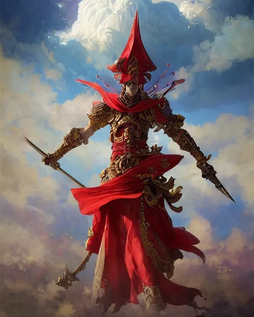 Image similar to A Full View of a Red Mage wearing magical ornate armor and a pirate hat surrounded by an epic cloudscape. Magus. Red Wizard. masterpiece 4k digital illustration by Ruan Jia and Mandy Jurgens and Artgerm and greg rutkowski and Alexander Tsaruk and WLOP and Range Murata, award winning, Artstation, art nouveau aesthetic, Alphonse Mucha background, intricate details, realistic, panoramic view, Hyperdetailed, 8k resolution, intricate art nouveau