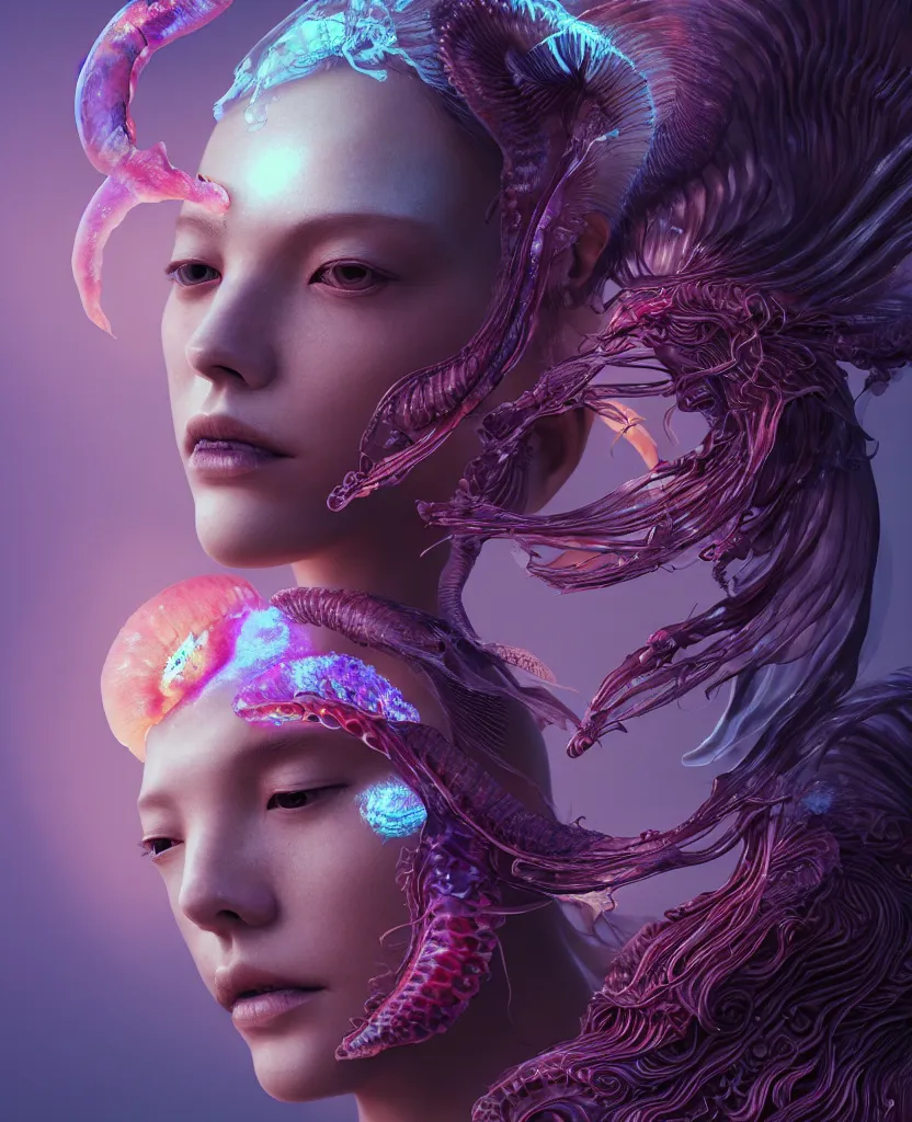 Image similar to goddess close-up portrait ribcagel. jellyfish phoenix head, nautilus, orchid, skull, betta fish, bioluminiscent creatures, intricate artwork by Tooth Wu and wlop and beeple. octane render, trending on artstation, greg rutkowski very coherent symmetrical artwork. cinematic, hyper realism, high detail, octane render, 8k