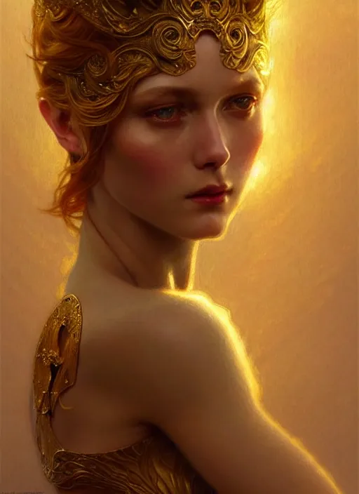 Prompt: Golden goddess, diffuse lighting, fantasy, intricate, elegant, highly detailed, lifelike, photorealistic, digital painting, artstation, illustration, concept art, smooth, sharp focus, art by John Collier and Albert Aublet and Krenz Cushart and Artem Demura and Alphonse Mucha