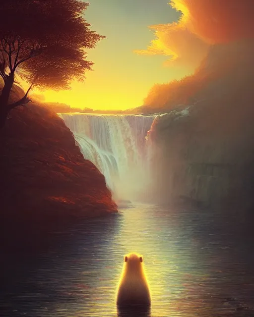 Prompt: white capybara at niagra falls, surreal photography, sunrise dramatic light, impressionist painting, colorful clouds, digital painting, artstation, kilian eng, john harris, bastien lecouffe - deharme, simon stalenhag, flower face