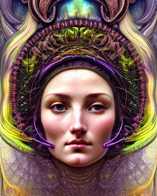 Prompt: hyperrealistic detailed face portrait of the beautiful goddess of the northern lights with an intricate headgear of a beautiful landscape, art by ernst haeckel, john william godward, android jones, alphonso mucha, h. r. giger, gothic - cyberpunk, ornamental, beautiful deep colours,