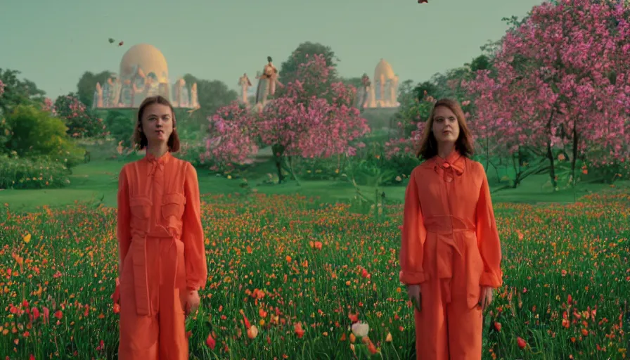 Image similar to , movie still by wes anderson of a beautiful girl wearing gucci exploring a magical field of flowers, glowing temple in the distance, cinestill 8 0 0 t eastmancolor technicolor, high quality, very detailed, heavy grain, fine facial features, 8 k, octane render