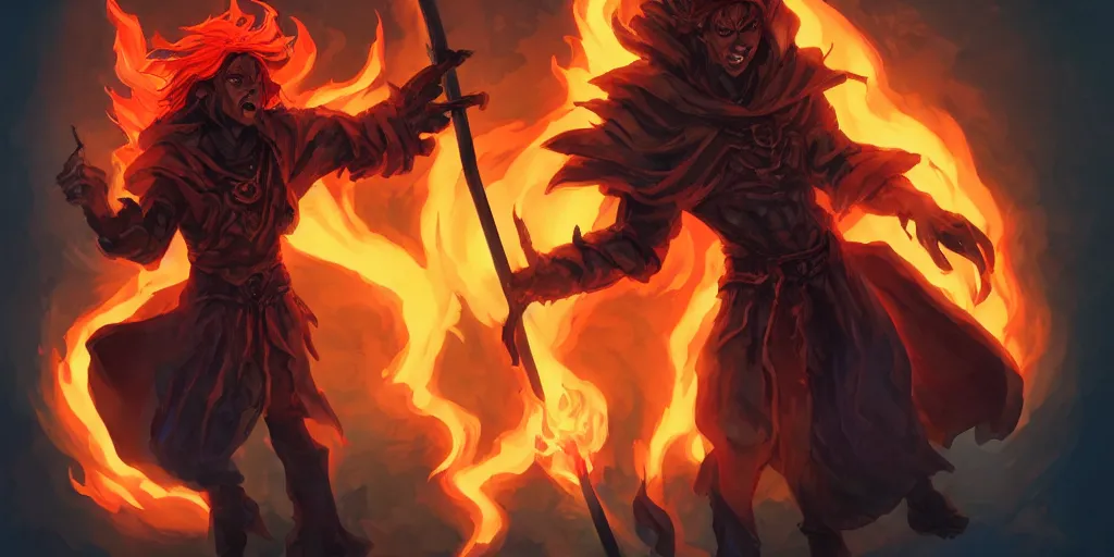 Image similar to dungeons and dragons official art of male fire genasi wizard with pitch black skin, flaming red hair, glowing orange eyes, wearing black wizard robes, smug smile, holding a wooden staff, official print, book cover art