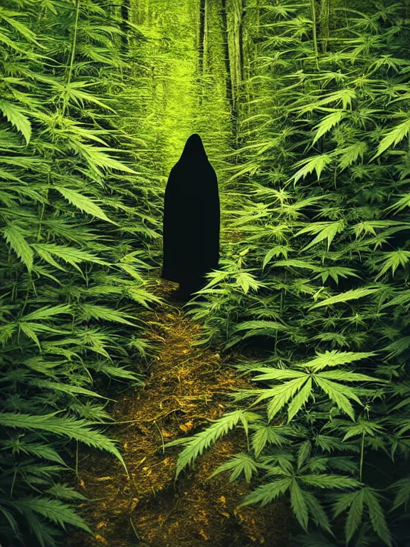 Image similar to hooded figure in cannabis forest, film photo, grainy, high detail, high resolution,