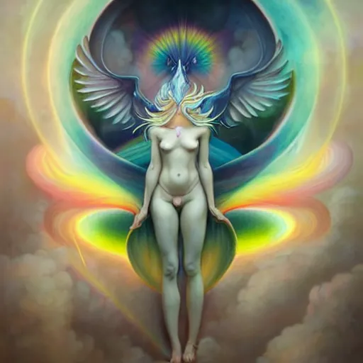 Prompt: psychedelic angelic celestial being artwork of peter mohrbacher, by henry fuseli, ayahuasca, energy body, sacred geometry, esoteric art, rainbow colors, realist, abstract and surreal art styles with anime and cartoon influences divinity