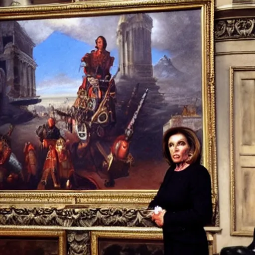 Image similar to nancy pelosi standing in front of 1 6 th century backdrop in the painting of vigo the carpathian. she ominously stares. painting by lou police for ghostbusters 2.