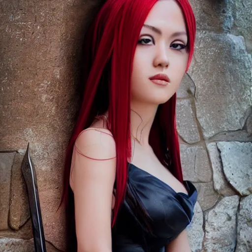 Image similar to dslr photo of beautiful erza scarlet wearing a elegant dress, with real looking skin, standing holding a katana that is very detailed, portrait photo, real photo, real camera, extreme detailed face and body, high quality, moody lighting, fast paced lines, sharp quality, enchanting lighting, 8 k