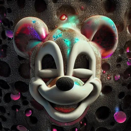 Image similar to counterfeit mickey mouse, fractal, broken, wet, melting, fractured, mycelium, cubensis, radiant alien, rococo, baroque, automotive, bio-mechanical, porcelain, iridescent, sub surface scattering, unreal engine, octane render