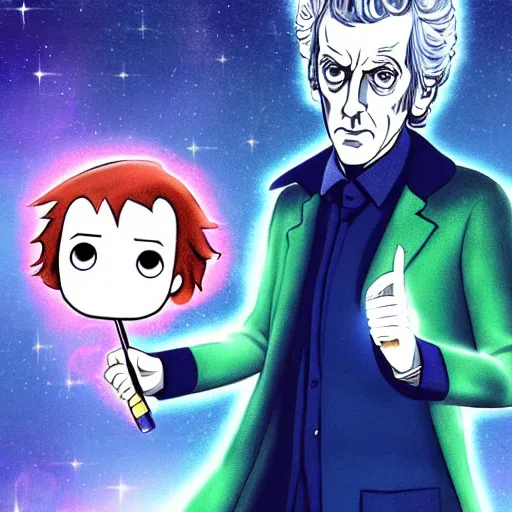 Prompt: peter capaldi, as doctor who, location is inside the TARDIS, anime chibi, by Osamu Tezuka, digital art, trending on pixiv