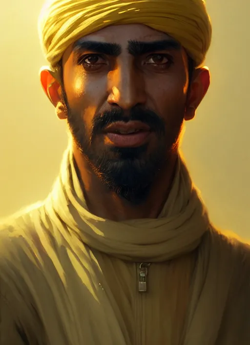 Image similar to highly detailed portrait arab man modern, fighter, yellow charcoal, stephen bliss, 8 k, unreal engine, fantasy art by greg rutkowski, loish, rhads, ferdinand knab, makoto shinkai and lois van baarle, ilya kuvshinov, rossdraws, tom bagshaw, global illumination, radiant light, detailed and intricate environment