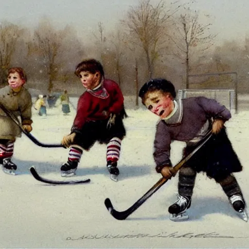 Image similar to ( ( ( ( ( 1 9 5 0 s kids playing hockey on a sunny winter. muted colors. ) ) ) ) ) by jean - baptiste monge!!!!!!!!!!!!!!!!!!!!!!!!!!!