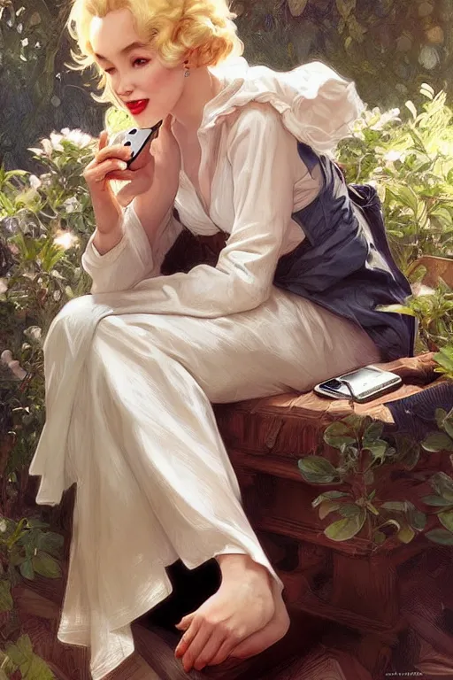 Prompt: beautiful cottagecore Marylin Monroe talking on a cell phone. intricate, elegant. highly detailed, digital painting, artstation, concept art, smooth, sharp, focus, illustration. . art by artgerm and greg rutkowski and alphonse mucha