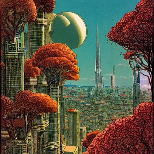 Image similar to city of the future in harmony with nature. Beautiful detailed illustration by moebius (1975).