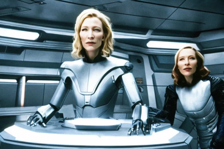 Prompt: cate blanchett on the bridge of a starship,cyborg arm, retro, movie still