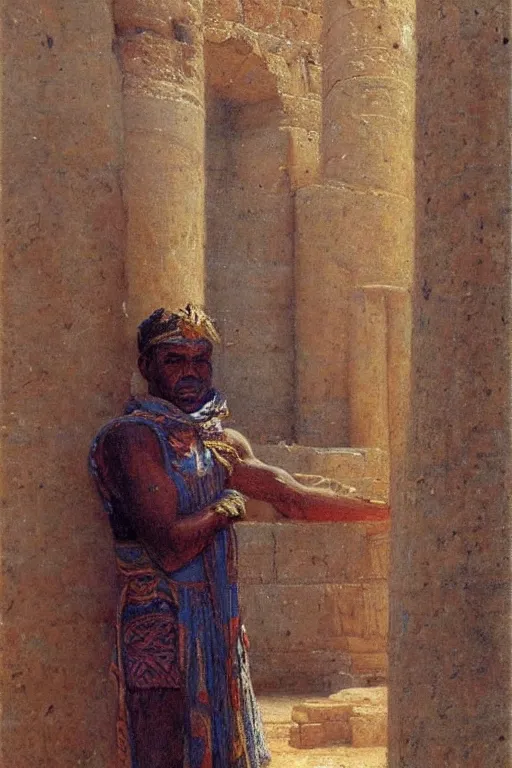 Image similar to portrait of an ancient nubian temple guard in old egypt. art by gaston bussiere.