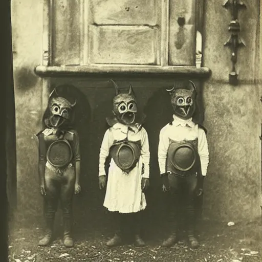 Prompt: portrait of children wearing devil masks, photograph, style of atget, 1 9 1 0, creepy, dark