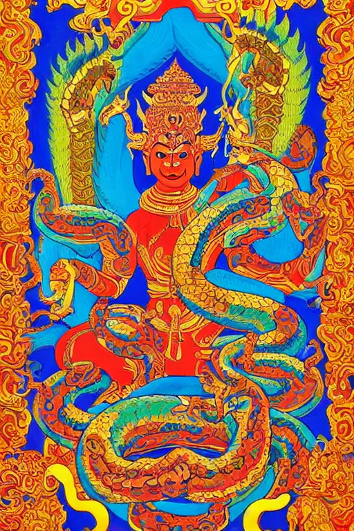 Image similar to naga art, mythical serpent southeast asian legends, thai traditional painting, royal thai art, guardian at the temple, garuda eagle, thai folklore, buddhist painting, thai dragon paintings by Chalermchai Kositpipat, Kittichai Rueangchaichan