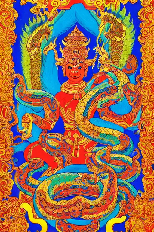 Prompt: naga art, mythical serpent southeast asian legends, thai traditional painting, royal thai art, guardian at the temple, garuda eagle, thai folklore, buddhist painting, thai dragon paintings by Chalermchai Kositpipat, Kittichai Rueangchaichan