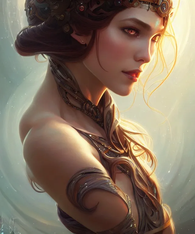 Image similar to fantasy magic woman portrait, sci-fi, amber eyes, face, long hair, fantasy, intricate, elegant, highly detailed, digital painting, artstation, concept art, smooth, sharp focus, illustration, art by artgerm and greg rutkowski and alphonse mucha