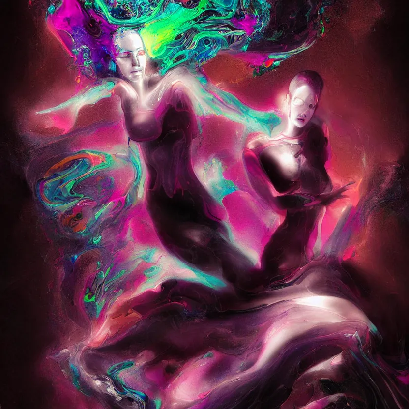 Prompt: a digital painting of a technomancer woman attached by love, floating into a dark void. surrounded by synthesized ai djinn hologram, an ultrafine detailed painting by alberto seveso, a silk screen by julian schnabel, featured on deviantart, modern european ink painting, photoillustration, impressionism, biomorphic, behance hd, lovecraftian