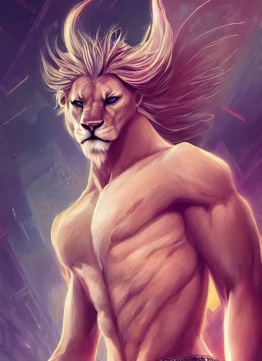 Image similar to aesthetic portrait commission of a of a male fully furry muscular anthro albino lion wearing an attractive sci-fi cybperpunk Spiderman suit with a tail and a beautiful attractive hyperdetailed face at golden hour. Character design by charlie bowater, ross tran, artgerm, and makoto shinkai, detailed, inked, western comic book art, 2021 award winning film poster painting