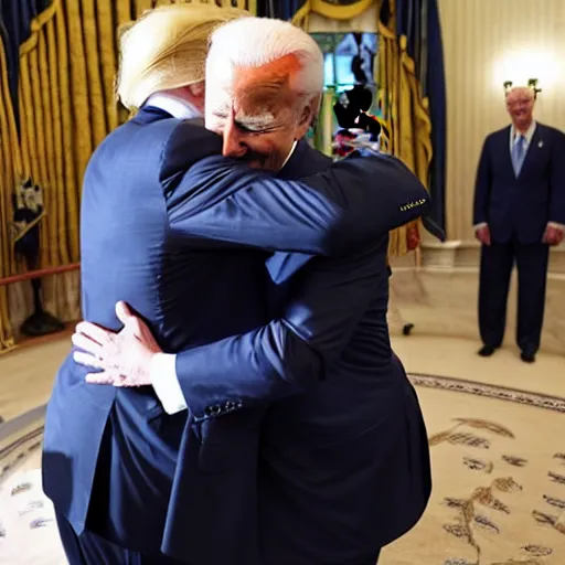 Prompt: donald trump hugging joe biden at the white house