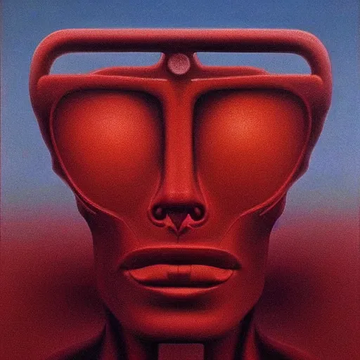 Image similar to i - robot as a zdzisław beksinski painting, surreal, godlike, red shading