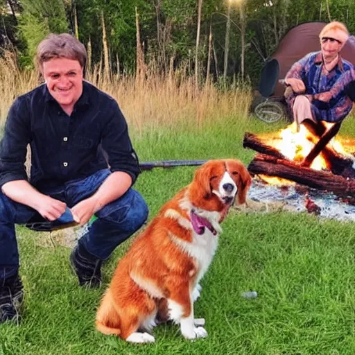 Image similar to photo of hillbilly with long blonde hair and an australian shepherd dog around a bonfire, symmetric face