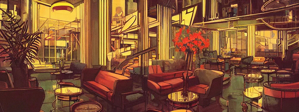 Image similar to concept art, retro - futurist speakeasy, reflections, night lighting, designer furniture, high ceiling, 6 0 s colour palette, plants, flowers, floor lamps, multi - level, soft lighting, city view, bladerunner, james jean, syd mead, akihiko yoshida, cinematic