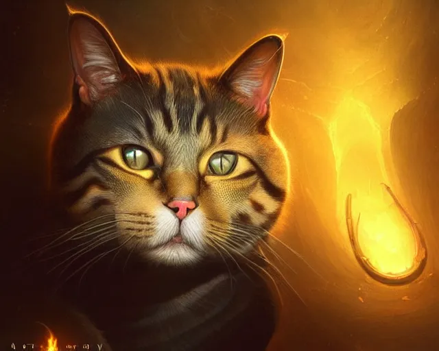 Prompt: a 4 k cinematic screenshot still portrait of a cat in a dark liminal space room surrounded by amber glow, deep focus, d & d, fantasy, intricate, elegant, highly detailed, digital painting, art station, concept art, matte, sharp focus, illustration, dark fantasy style art, hearthstone, art by artgerm and greg rutkowski and alphonse mucha