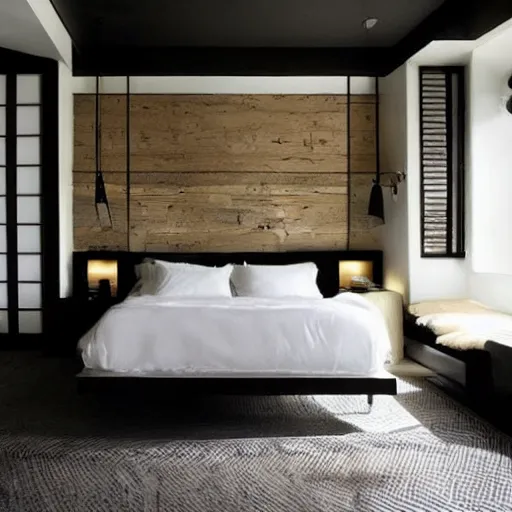 Prompt: bedroom, stone, interior design, stylish luxury hotel bedroom design, yakisugi, black vertical slatted timber, textures, feminine, black walls, art, vase with flowers, Japanese influences