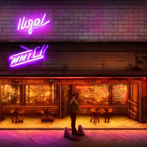 Image similar to Neon lighting restaurant sign in a post apocalyptic setting, ghibli, unreal 5, DAZ, hyperrealistic, octane render, RPG portrait, dynamic lighting, digital art, fan art