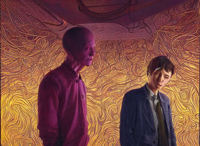 Prompt: portrait of man with alien interior bright factory building, cynical realism, painterly, yoshitaka amano, miles johnston, moebius, beautiful lighting, miles johnston, klimt, tendrils, in the style of, louise zhang, victor charreton, james jean, two figures