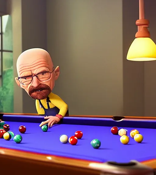 Prompt: very beautiful portrait of an extremely cute and adorable walter white playing pool, smooth, perfect face, fantasy, character design by mark ryden and pixar and hayao miyazaki, sharp focus, concept art, harvest fall vibrancy, intricate detail, cinematic lighting, hyperrealistic, 3 5 mm, diorama macro photography, 8 k, 4 k