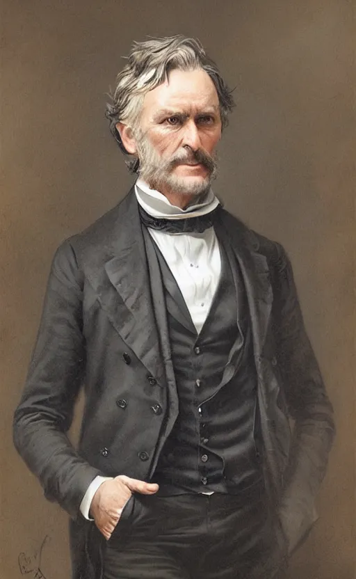 Prompt: Portrait of a middle-aged victorian gentleman wearing a waistcoat, male, detailed face, victorian, highly detailed, cinematic lighting, digital art painting by greg rutkowski