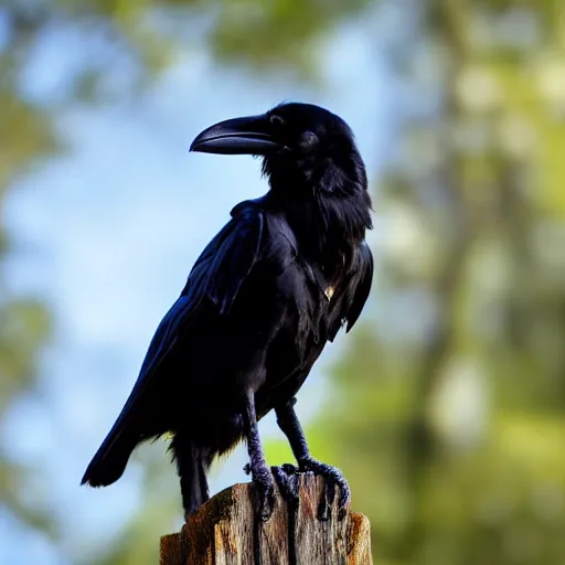 Image similar to A high quality photo of a raven perched on a tree, 4k, detailed, focus on a raven