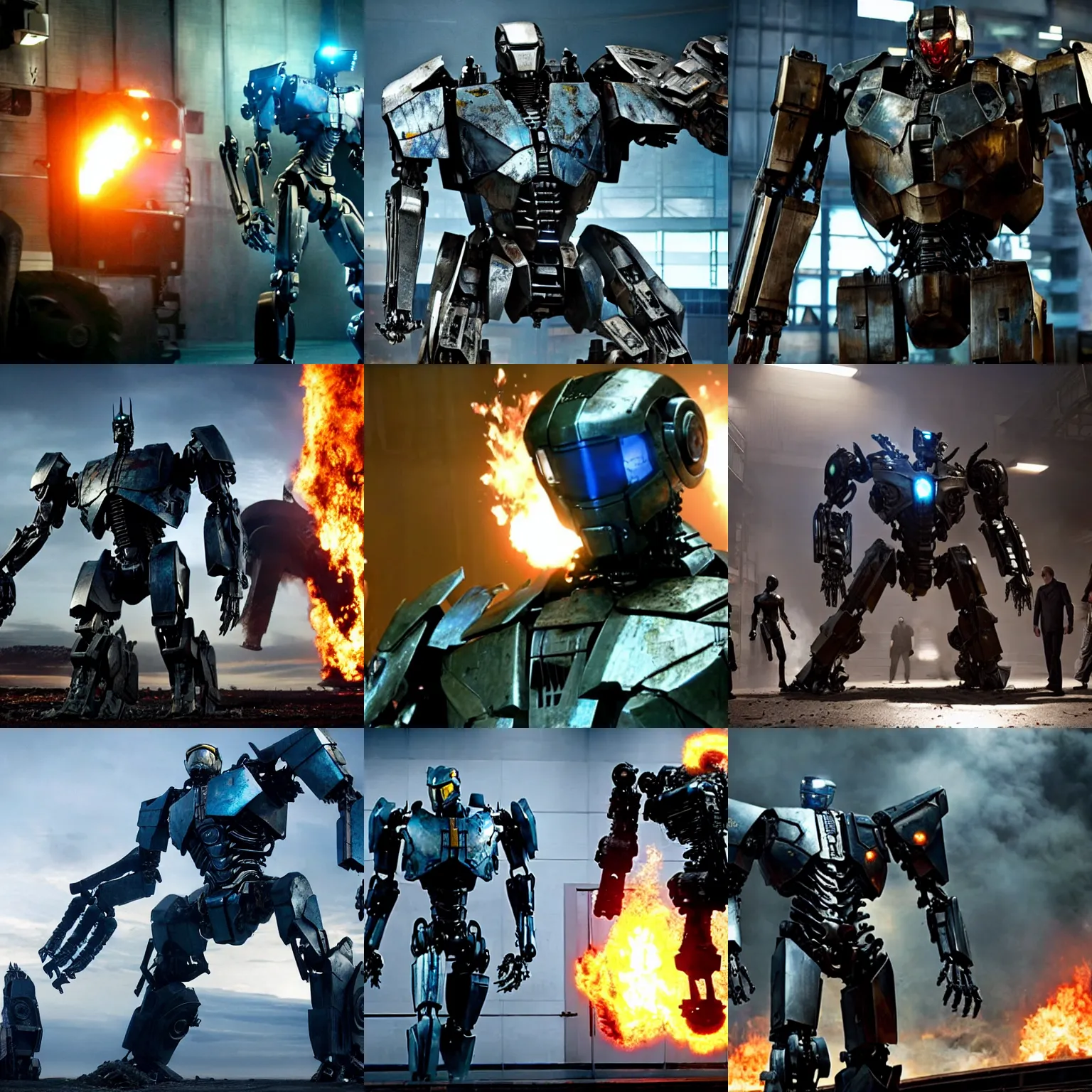 Prompt: movie still, cinematic still from real steel movie and pacific rim and westworld, close shot of one broken down, decomposition, disintegrating, disappearing slim humanoid mega mech ruin,