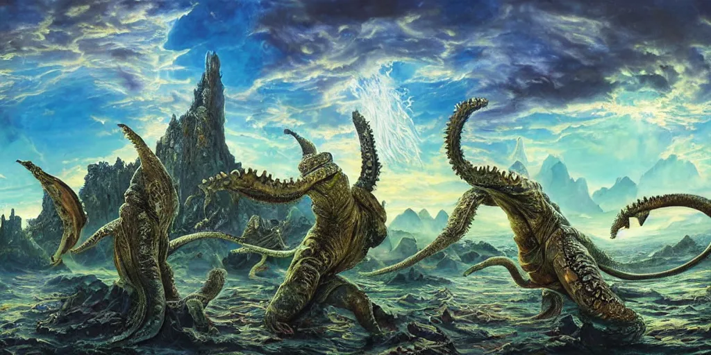 Image similar to fantasy oil painting, great leviathan, cybernetic turtle cephalopod terrapin reptilian pachyderm squid, bella hadid, hybrid, milla jovovich, anubis epic islamic city, natural light, lush plants flowers, spectacular mountains, bright clouds, luminous sky, outer worlds, golden hour, michael cheval, edward hopper, michael whelan, hd