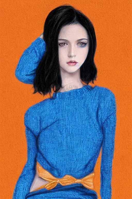 Prompt: portrait of teenage girl with glossy black hair, blue eyes, glowing porcelain skin, fashion model features, dar!dream portrait of teenage girl with glossy black hair, blue eyes, glowing porcelain skin, fashion model features, dark sweater, dark academia, intricate, elegant, black dress, highly detailed, digital painting, artstation, concept art, smooth, sharp focus, illustration, art by Krenz Cushart and Artem Demura and alphonse mucha