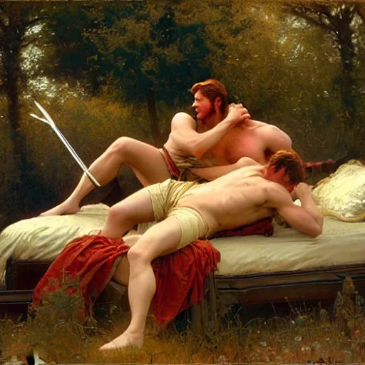 Prompt: ares tickles achilles the champion with a feather on a bed of pillows in a meadow, wine flows, painting by gaston bussiere, craig mullins, j. c. leyendecker, tom of finland