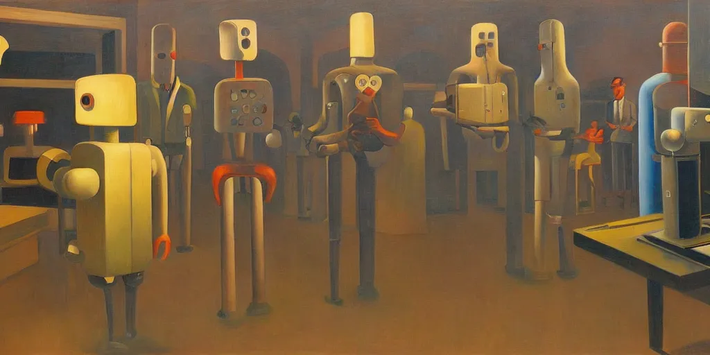 Image similar to intelligent robots at a control panel plotting our destruction, grant wood, pj crook, edward hopper, oil on canvas