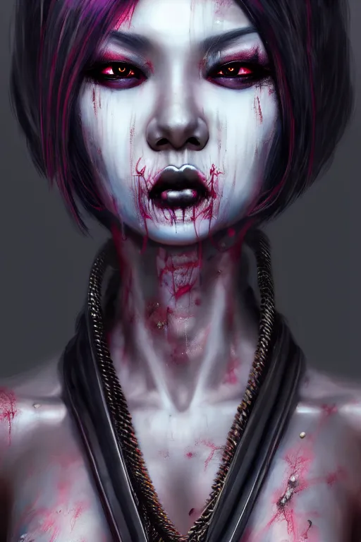 Image similar to ebony asian geisha goddess yakuza biotech raver gothic cyborg, cyberpunk city, urban decay, decay, horrorcore, underworld, dark art, highly detailed, digital painting, octane render, artstation, concept art, smooth, sharp focus, illustration, art by artgerm, loish, wlop