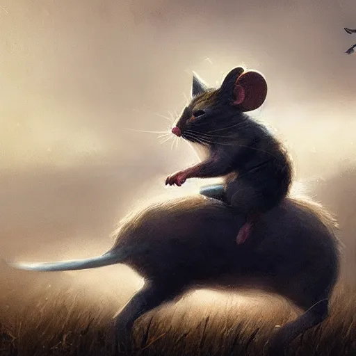 Image similar to a heroic mouse riding on the back of a prancing cat, photography, hyperrealistic, by greg rutkowski, smooth, illustration, elegant, artstation, digital painting.