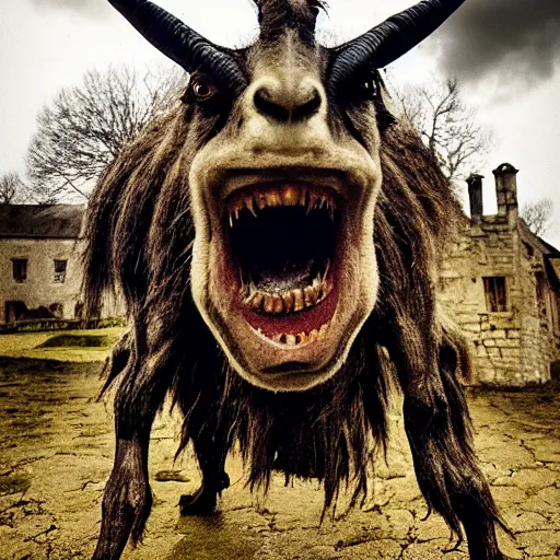 Prompt: horror, moody, still from film, daytime, muddy village square, wide shot, roaring mutant goat monster, powerful and huge, creeping on legs with hands instead of feet, filthy jagged teeth in gaping mouth, matted brown fur, in muddy medieval village square