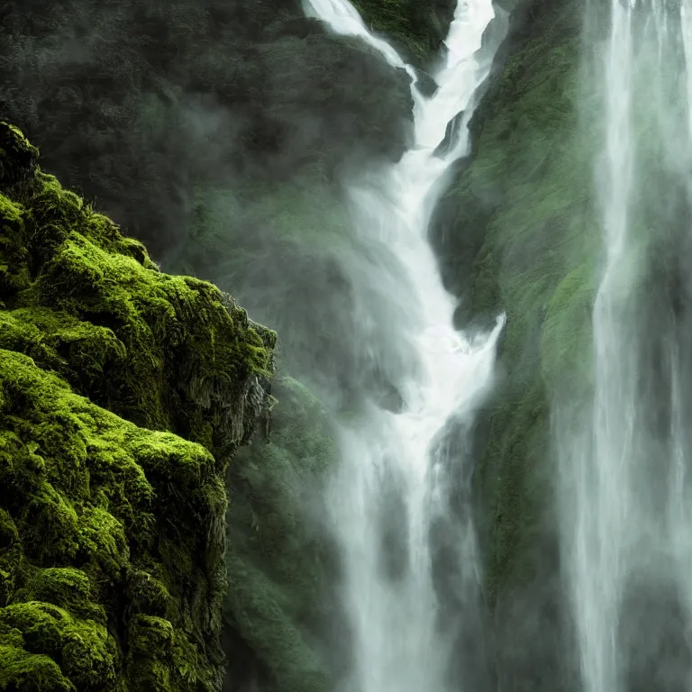 Image similar to dark and moody 1 9 8 0's artistic color spaghetti western film, a woman in a giant billowing wide long flowing waving shining bright white dress, standing inside a green mossy irish rocky scenic landscape, huge waterfall, volumetric lighting, backlit, atmospheric, fog, extremely windy, soft focus