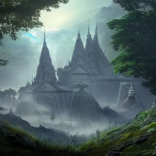 Prompt: a beautiful and highly detailed digital nepali architecture, futuristic spaceships, swirling mist, lush forests, intricate details, epic scale, insanely complex, 8 k, sharp focus, hyper realism, fantasy landscape, psychedelic, by caspar friedrich