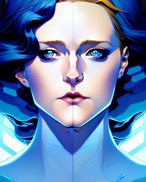 Image similar to artgerm, joshua middleton comic cover art, full body pretty evan rachel wood ice queen, symmetrical eyes, symmetrical face, long curly blue hair, icy forest, chiral lighting