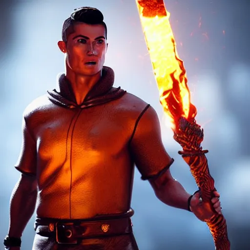 Prompt: Cristiano Ronaldo wearing a leather barbarian tunic holding a glowing fire magical staff. Trending on Artstation, octane render, ultra detailed, art by Ross tran
